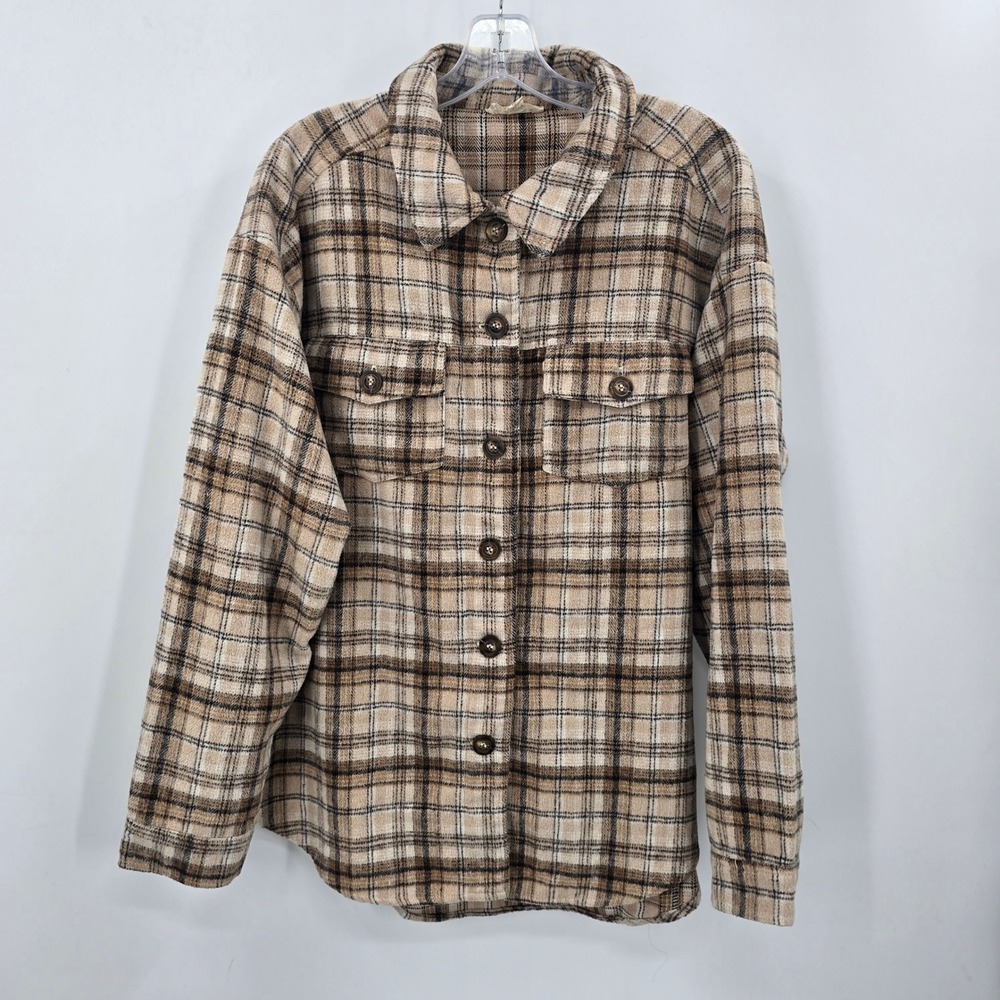 LA Hearts Womens Plaid Shacket Tan Brown Button Up Flannel Shirt Jacket Size M/L